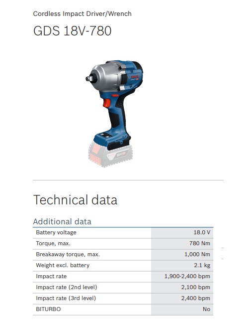 Boulonneuse Sans Fil Bosch Professional GDS 18V-780 - Couple 780 Nm, 2,1 Kg - Pour Travaux Intensifs